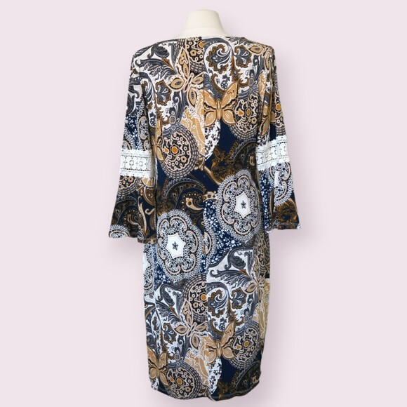 GLAMOUR Floral Dress Sz 16 Midi Abstract Lace Details Knee Modest Brown Stretch - Picture 3 of 10